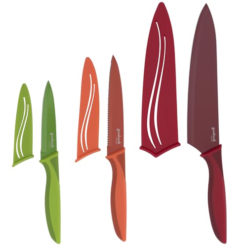 GoodCook Knife Set High Carbon Stainless Steel Kitchen Knives with Nonstick Finish Slip Resistant Grips and Protective Sheaths, Set Includes Paring Utility and Chef's Knives, 3-Piece Set, Multicolor