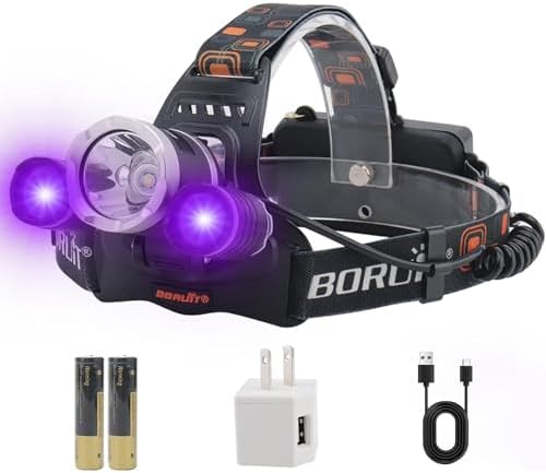 BORUIT RJ-3000 LED Black Light Headlamp,3 Modes White and UV Light Headlamp,Super Bright Rechargeable Blacklight Headlight Head Lamp for Hunting Camping Hiking Fishing Working
