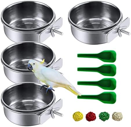 kathson 4 Pcs Stainless Steel Bird Feeding Bowl,Parrot Feeder Dish Cups Birds Cage Water Food Bowls Coop Cup with Clamp Holder for Parrots Cockatiel Budgies Parakeet Lovebird(L)