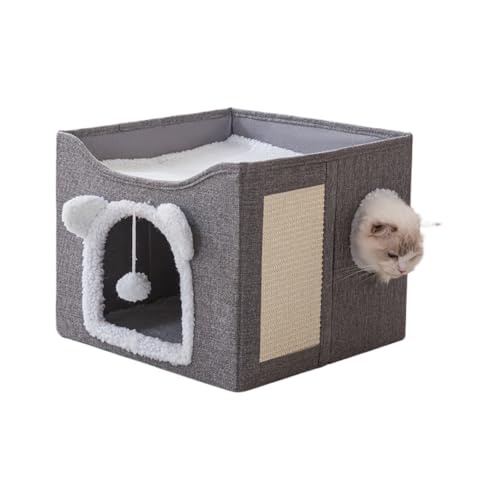 CYWOPVEQ 猫 ハウス ペットハウス 猫ベッド 屋根付き キャットタワー オシャレ ペット階段 小型犬 猫ちぐら オオガタネコヨウ 猫ドーム 室内 家 小屋 隠れ家 低い 猫タワー ミニ 座れるキャットハウス (グレー)