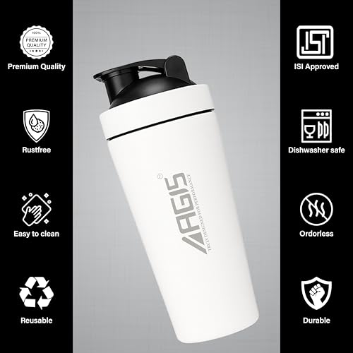 Image of AGIS Steel Shaker Stainless Steel 700ml Leakproof Shaker Bottle with Measurement Marking, Perfect for Fitness Enthusiast & Athletes, Ideal for Mixing Protein Shakes & Pre-Workout Formula (White)