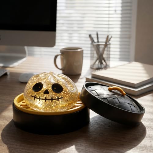 Bidobibo Halloween Spooky Glitter Dumpling Squishies Toys, Dumplings Stress Balls for Adults Fidget Toy with Steamer, Cute Halloween Decor Ghost Bao Bun Squishes for Anxiety Relief, Yellow - Image 5