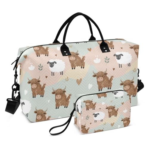 Highland Cow Sheep Heart Travel Duffel Bag for Men Women with Makeup Bag Weekend Overnight Carry On Bags for Yoga Travel Gym