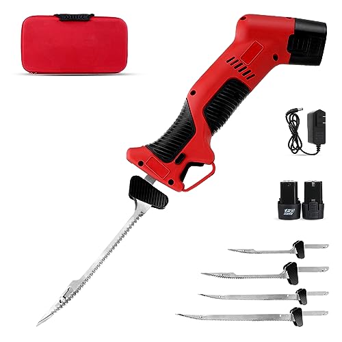 Anrain Cordless Electric Fillet Knife,Cordless Fish Fillet Knife with 5 Ti-Nitride S.S. Coated Non-Stick Reciprocating Blades&Non-Slip Grip Handle &Two Durable Replaceable Batteries,for fishing