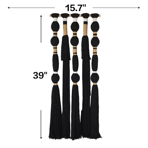 Macrame Wall Hanging Black Sphericity Cotton Tassels Textile Hanging Geometric Yarn Wall Art for Bedroom Living Room Decor 15.7" W x 39" L