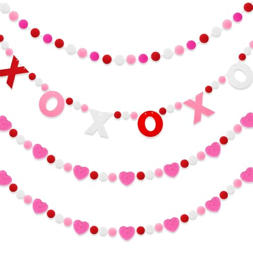 4Pcs Valentine's Day Felt Heart Ball Garlands Fireplace Mantle Banner
