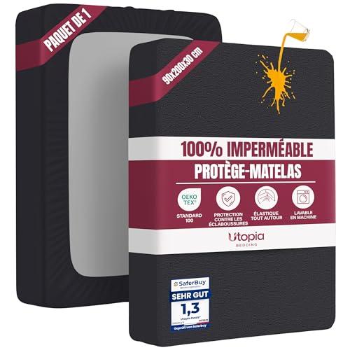 Utopia Bedding Protège Matelas 90 x 200 x 30 cm Imperméable, Certifié Oeko TEX, Alèse Drap Housse, Matelas Couvre, Respirant, Élastique Tout Autour Noir