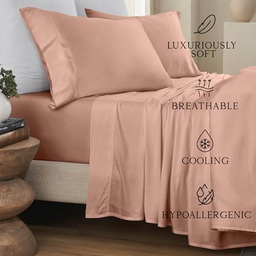Image of KARISSA MAE Luxury Bamboo Viscose Split King Size Sheet Set, FSC Certified | Includes 2 Twin XL Fitted Sheets | Sleep Number & Adjustable Bed | Cooling | 18 inch Deep Pocket w / Corner Straps [Terracotta]