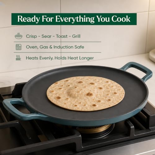 Image of Ember Cookware TitaniumClad Enamel Cast Iron Tawa for Dosa 30 cm | 10-Year Warranty | Rust-Proof Cast Iron Tawa for Roti & Dosa | Non Stick Dosa Tawa | Heavy Duty Induction Cookware | Ocean