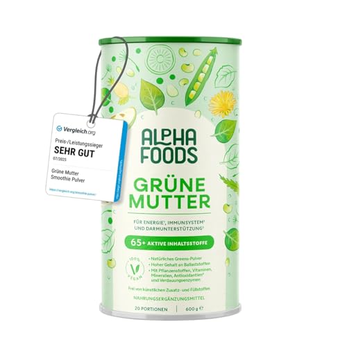 Grüne Mutter 2.0 - Das Original - Greens Shake - Akazienfaserpulver Weizengras Brennnessel Mariendistel Alfalfa Chlorella und mehr - Smoothie Shake - 600g Pulver - Alpha Foods