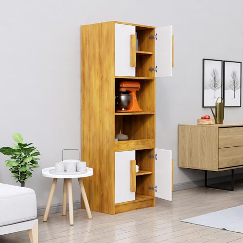 Image of Bniture Multipurpose Crockery Cabinet | Engineered Wood Kitchen Cabinet Modern with 4 Doors & Shelves | Crockery Unit for Dining Area | Kitchen Crockery Cabinet for Home | Giant Wood & Frosty White