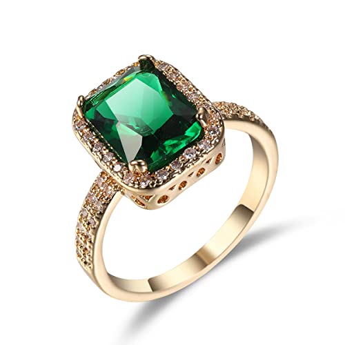 Green Simulated Emerald Yellow Gold Plated Rings for Women,Fashion Cubic Zirconia CZ Engagement Promise Ring Size 6-10 (US Size 7)