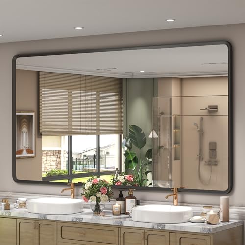 GOLOMO 66x36 Inch Black Matte Framed Mirror for Bathroom, Rounded Rectangle Mirror, Bathroom Vanity Mirror for Wall, Anti-Rust, Shatterproof (Horizontal/Vertical)