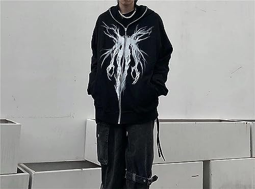 Jaqueta feminina masculina com capuz Y2K com zíper e capuz Harajuku Grunge Alt Emo Gótico Estética D