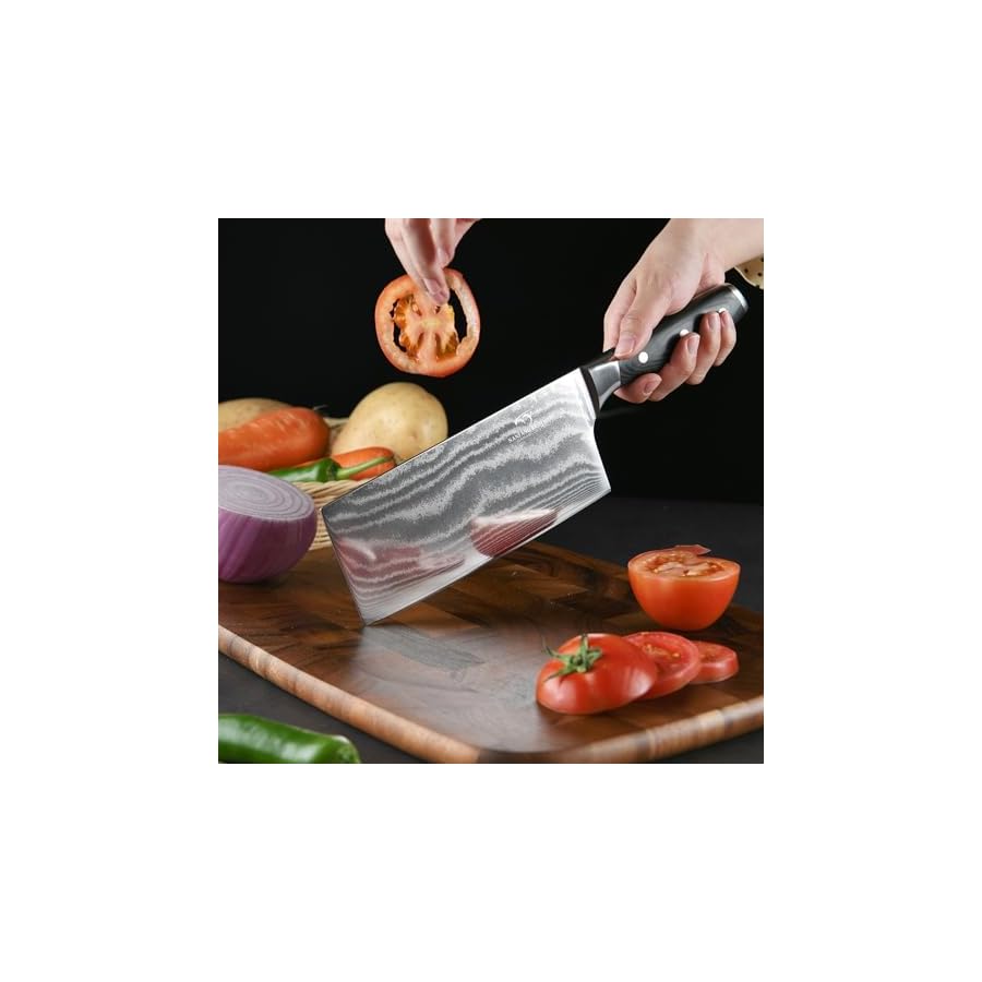 Damascus-Cleaver-Knife-7-Inch-Professional-Kitchen-Knife-with-Non-slip-Micarta-Wood-Ergonomic-Handle-All-Purpose-Chef-Knife-Meat-Cleaver-Vegetables-Chopping-Razor-Sharp-Lightweight Damascus Cleaver Knife, 7 Inch Professional Kitchen Knife with Non-slip Micarta Wood Ergonomic Handle, All Purpose Chef Knife Meat Cleaver Vegetables Chopping, Razor Sharp Lightweight