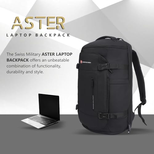 Image of SWISS MILITARY Black Gold Collection Aster Laptop Backpack, Travel Trekking Bag with Trolley Strap, Water Resistant, Multiple Compartments, Front Zip Pocket, Laptop Sleeve, Outdoor & Office Bag (29L)