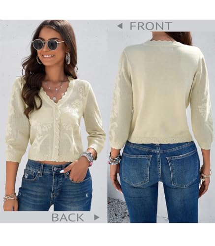 Image of Women Crop Cardigan Sweaters Lightweight 3 /4 Sleeve Button Up Crochet Shrug | Textured Bolero For Dresses Dressy Casual, V Neck, Ladies Eyelet Shawl Thin Trendy