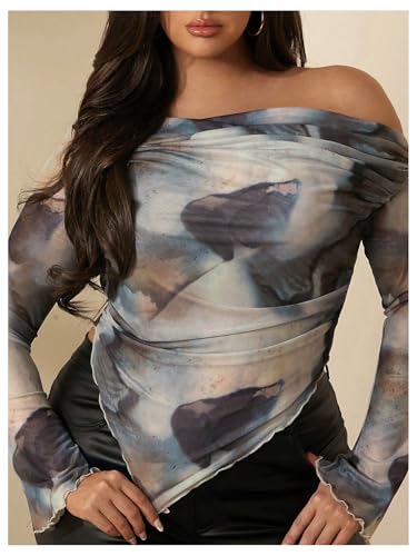 MakeMeChic Women's Plus Size Casual Mesh One Shoulder Lettuce Trim Ruched Asymmetrical Hem Tee Shirt Tops3