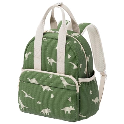 Neverwhy Corduroy Toddler Backpack for Preschool Boys & Girls Ages 2-5, 11 Inch Water-Resistant Small Kids Backpack for School & Travel, Lightweight Daycare Bookbag (M-Green Dinosaur)