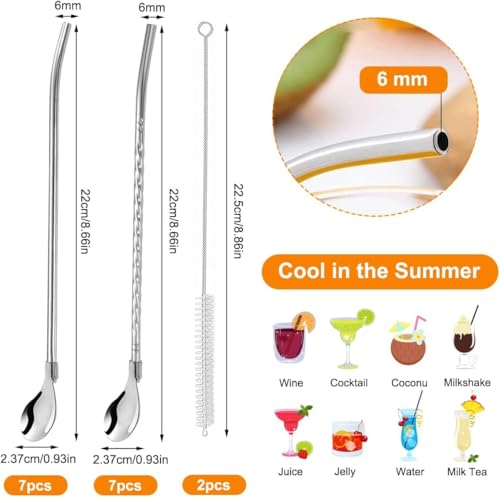 14-Piece Stainless Steel Drinking Straw & Spoon Set, 2-in-1 Reusable Metal Straws with Spoons, 2 Cleaning Brushes - Image 2