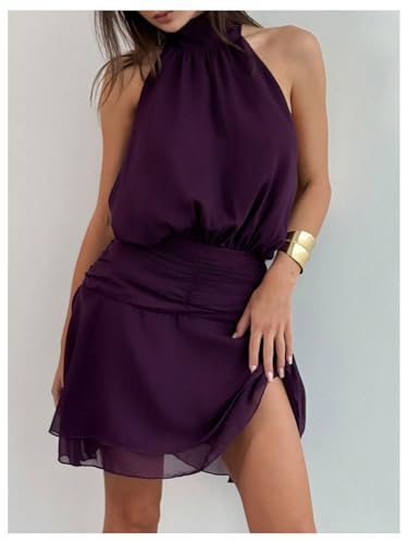 Image of Floerns Women's Summer Mini Dress Sleeveless Halter Backless Ruched Date Night Layered A Line Dresses