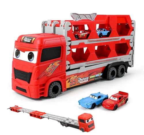 Image of TEC TAVAKKAL Big Hauler Storage & Transform Transport Truck Toy for Kids |3-in-1 Carrier Truck with 2 Foldable Ejection Race Tracks & 4 Die-Cast Cars |61 Inch Dual Racing Track |Educational Toy