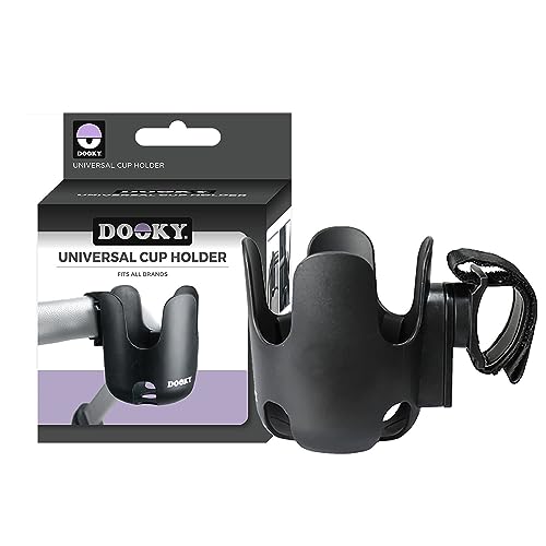 Portavasos Dooky para cochecitos y sillas de Paseo (Ajuste Universal, Velcro Ajustable, Capa Antideslizante, flexibilidad de 360°, Varios tamaños, sin BPA), Negro