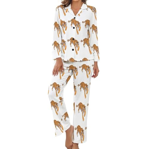 Pyjama femme grande taille imprimé tigre style japonais haut boutonné