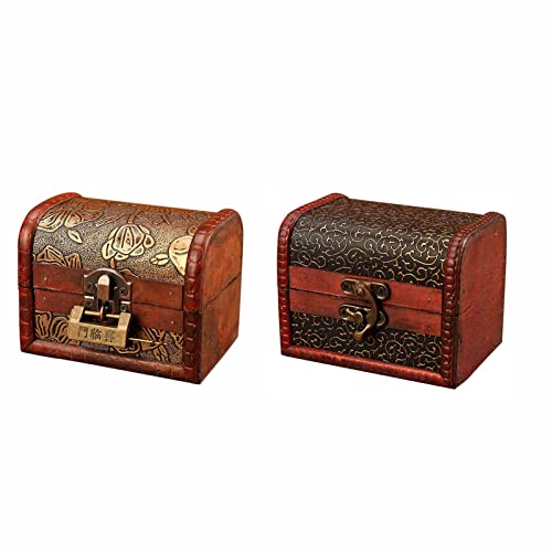 DAMENGOTA Lot de 2 coffres au trésor en bois avec serrure pour bagues, boucles d'oreilles, collier (taille : 10,5 x 7,5 x 7,5 cm) Cover