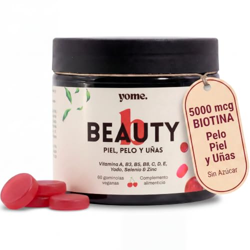 Gominolas Pelo Piel y Uñas Biotina 5000 mcg, Vitaminas para el Cabello - Vitamina A, B3, B5, C, D, E, Yodo, Selenio y Zinc - Sabor natural Cereza - 60 Gummies 100% Veganas Sin Azúcar