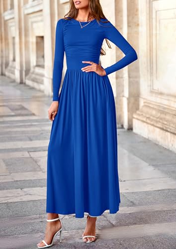 Image of PRETTYGARDEN Women's 2025 Fashion Trendy Fall Long Sleeve Dresses Ruched Flowy Elegant Modest Boho Casual Beach Maxi Dress