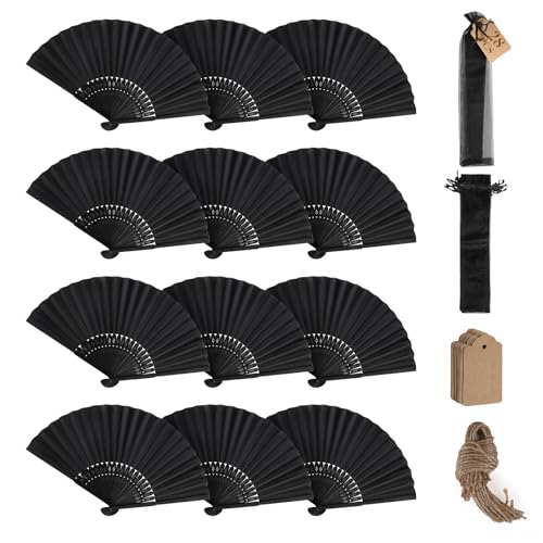 SWAWIS 28 Pièces Éventails Pliants Noir, Ventilateur en Tissu avce 30 Sacs en Organza & Cartes de Remerciement, Eventails Mariage Pliable pour Baptêmes...