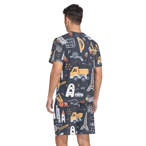 Men's Pajama Set Childish Building Equipment Trucks Short Sleeve with Shorts Pockets Sleepwear Set Summer Loungewear2