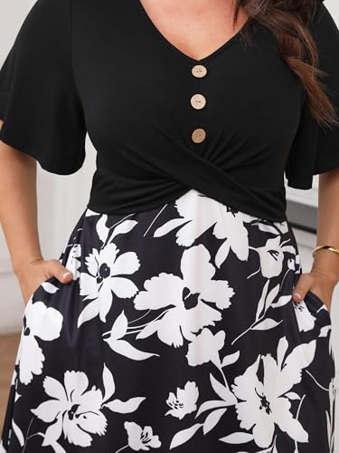 ZNU 2025 Plus Size Floral Summer Dress for Curvy Women - Elegant V Neck Party Casual Midi Dress with Pockets Short Sleeve4