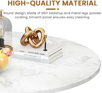 LTTROMAT 32 Inch Round White Marble Tulip Dining Table W/0.71" Thickness & Metal Pedestal Base for 2 to 4 People, Modern Kitchen Leisure Circle Coffee Table