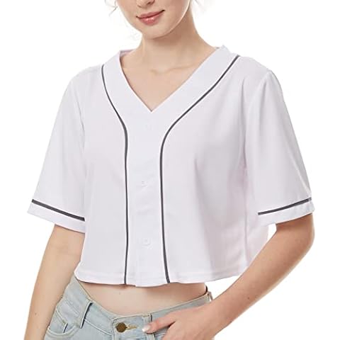 Womens Baseball Jersey Sexy Y2k Crop Shirts V Neck E Girls Softball Team Uniform Casual Sports Hip Hop Street Short Sleeve White L Cover