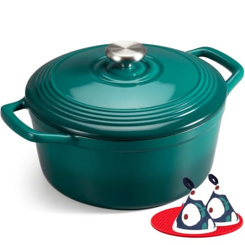 Image of Overmont Enameled Cast Iron Dutch Oven - 5.5QT Pot with Lid Cookbook & Cotton Potholders - Heavy-Duty Cookware for Braising, Stews, Roasting, Sourdough Baking Bottle green