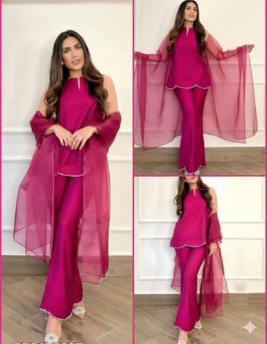 Image of Women's Teal Chiffon Kurta with Dupatta and Palazzo Pants, 3-Piece Ethnic Suit Set