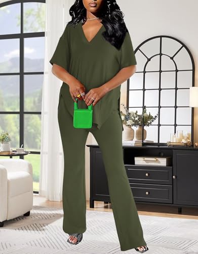 acelyn Women's 2 Piece Outfits Summer V Neck Oversized Split Tops Flare Legging Pants Casual Tracksuit Lounge Sets Sweatsuits3
