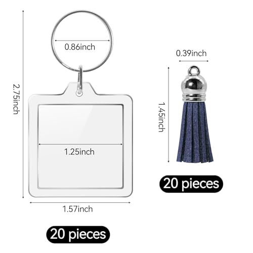 Philbinden 20 Set Acrylic Photo Keychain - Clear Picture Frame With Tassels, Blanks Snap-in Insert (Square), Large
