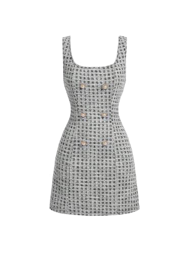 Image of Floerns Women's Plaid Tweed Dress Sleeveless Square Neck Elegant Work Mini Dress