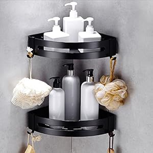 NIENLCIP Zwarte hoekplank, douchemand, doucheplank, zonder boren, badkamer, hoekrek met 4 haken, aluminium, doucheplank…