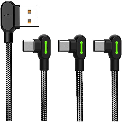 Type C USB 90 Degree Right Angle Elbow Design Game LED Strong Nylon Braided Sync Charge USB Data 6FT Cable Compatible Samsung Galaxy S20 S10 S9 S8 Plus Note 10 Google Pixel and More (3 Pack,6FT)