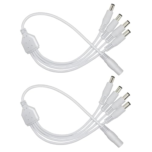 Security-01 2-Pack 1 to 4 Way DC Power Splitter Cable, Plug 5.5mm x 2.1mm, for CCTV Camera, LED Strip Light and More,White