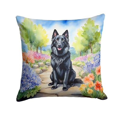 Caroline's Treasures Belgian Sheepdog Spring Path Throw Pillow Machine Washable, Indoor Outdoor Decorative Pillow for Couch, Bed or Patio, 14Hx14W