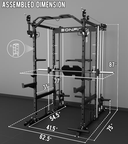 Image of Eonfit E5 Smith Machine with Vertical Leg Press, Power Cage Squat Rack with LAT-Pull Down Cable Crossover Rotating Arms System Home Gym Equipment All in One