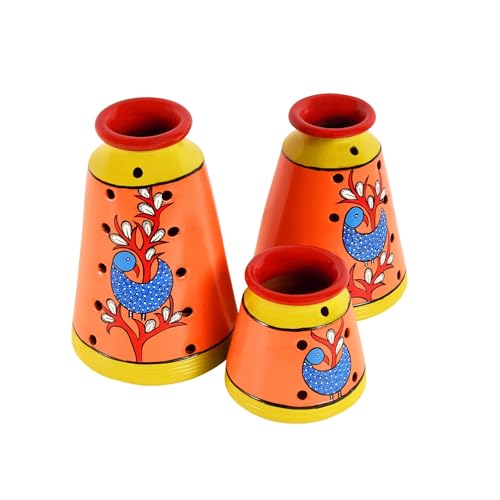 Image of Aakriti Art Creations Dancing Peacock Terracotta Vase Set of 3 | Handmade Multicolor Madhubani Art Flower Vases | Matte Finish Decorative Vases for Living Room, Table Decor & Gifting