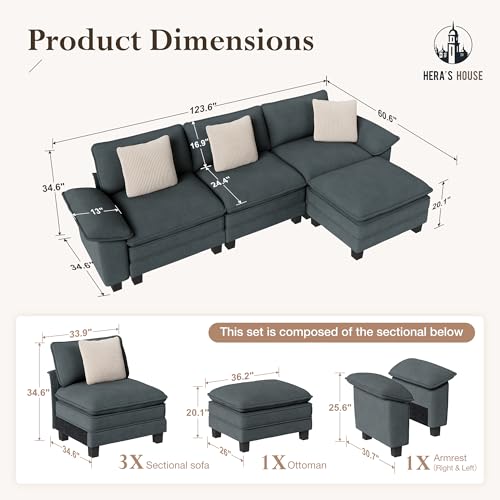 Image of HERA'S HOUSE 124 inch Oversized Modular Sectional L Shaped Sofa,Chenille Blue | 4-Seater Living Room Couches, Wider Armrest and Deep Seat, Comfy Cloud Couch with Ottoman, Wood Sturdy Frame