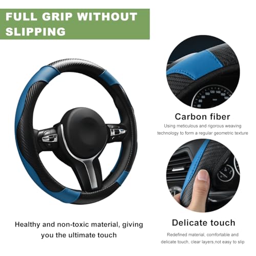MTRPS Car Steering Wheel Cover, 15 Inch Leather Stitching Elastic Anti-Slip Steering Wheel Protector, Breathable Comfortable Steering Wheel Cover Universal for Most Vehicles (Black&Blue)