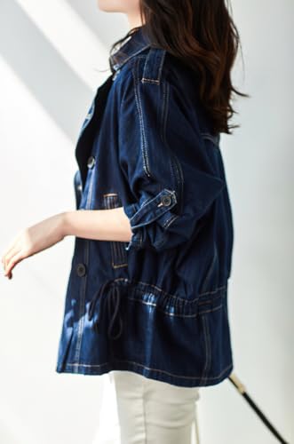 chouyatou Women Fall Business Casual Denim Blazer Drawstring Waist Office Jean Jacket Trench Coat3